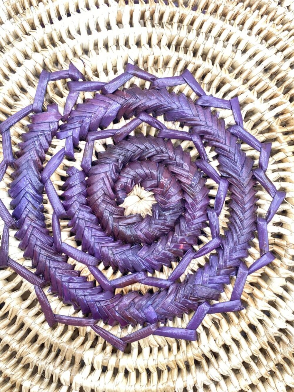 Handwoven Round Straw Tote Bag Purple Floral Boho Beach Market Basket - Picture 7 of 8